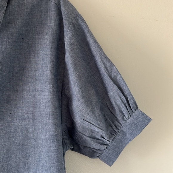 Fitzroy & Willa Blue Cotton Short Puff Sleeve Button Down Top Small Preppy Chic - Picture 4 of 6
